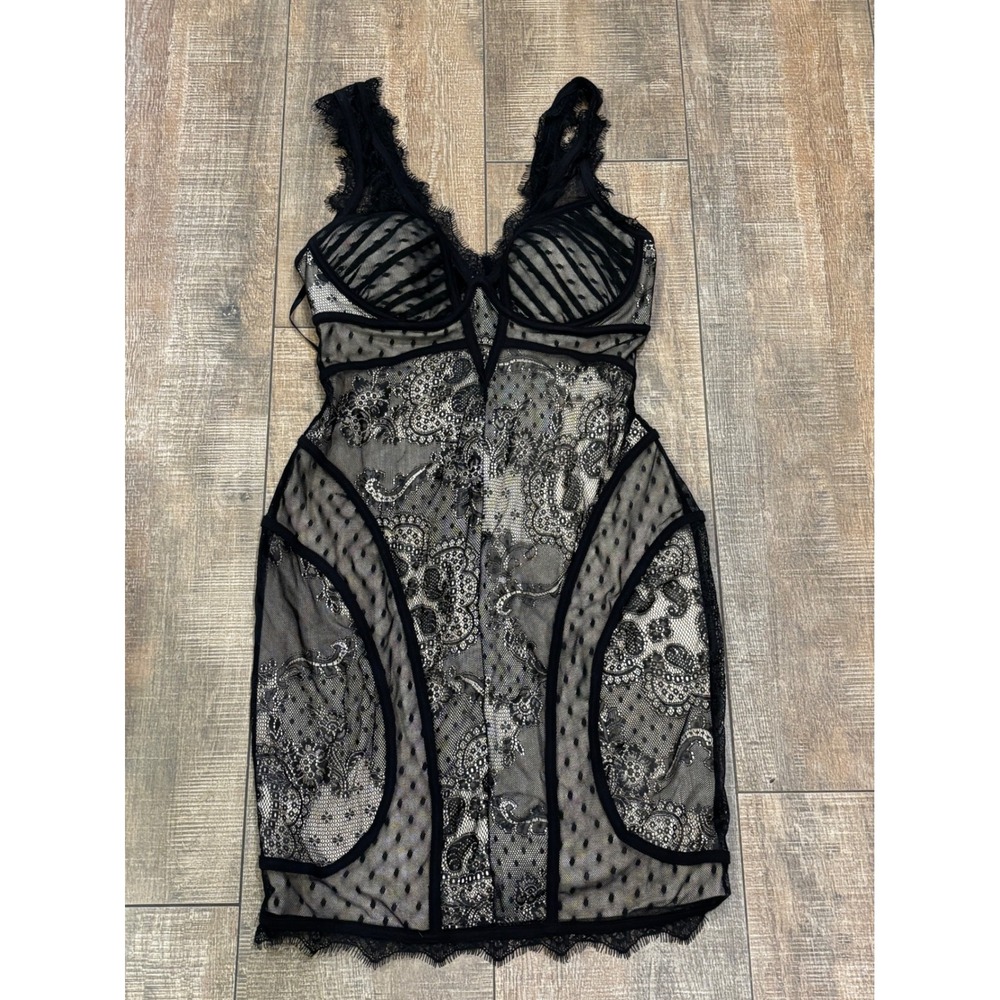 Bebe Black Lace Mesh Bodycon Mini Dress Bustier Floral Polka Dot Small 708AE101